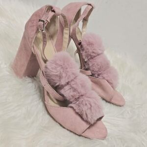 YOKI Suede Pom Pom Pink Faux Fur  Ankle Buckle Strap Wedge Sandals Size 7
